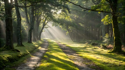Fototapeta premium Tranquil forest trail with sunlight filtering through lush trees. Ideal for nature walks, serenity, and outdoor exploration themes.