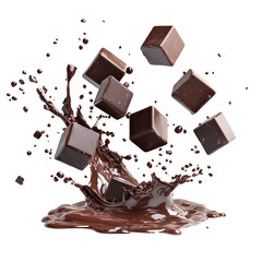 Delicious chocolate pieces with chocolate syrup splash on transparent background