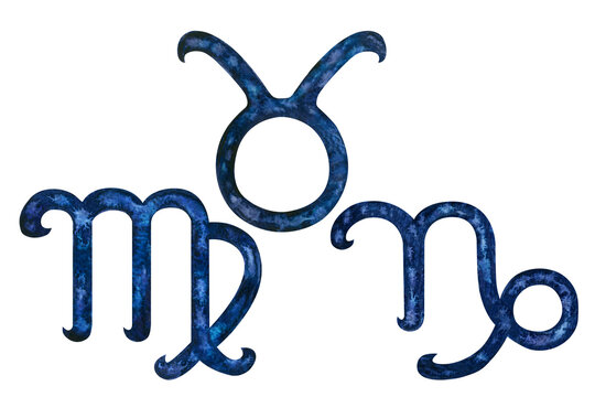 Set of three dark blue earth element zodiac signs: Taurus, Virgo, Capricorn. Watercolor set of astrological symbols templates isolated on white background for horoscope, astrology, spiritual content