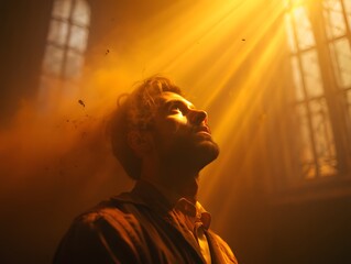 A man looks up towards the sun rays passing through a window with a look of hope