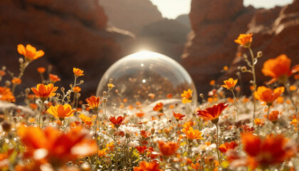 A futuristic garden with bioluminescent plants growing upside-down from the sky, a person meditating at the center, neon and nature fusion