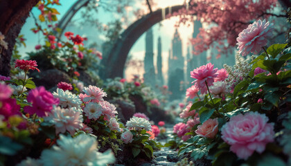 A futuristic garden with bioluminescent plants growing upside-down from the sky, a person meditating at the center, neon and nature fusion