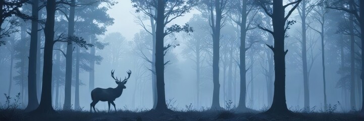 Misty forest silhouette of a majestic deer, blue toned trees ,  trees,  elegant