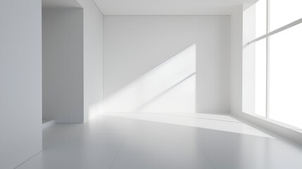 Obraz premium Minimalist white room interior with sunlight streaming in from a window creating shadows on the walls