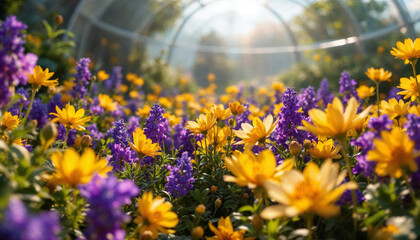 A futuristic garden with bioluminescent plants growing upside-down from the sky, a person meditating at the center, neon and nature fusion