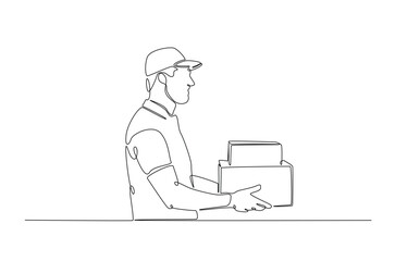 Delivery man holding cardboard box in continuous one line drawing. Single line art illustration of courier man carries parcel. Editable vector.