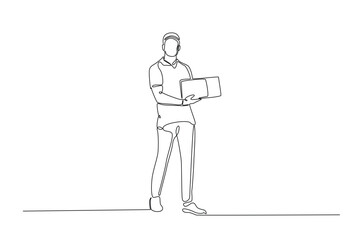 Delivery man holding cardboard box in continuous one line drawing. Single line art illustration of courier man carries parcel. Editable vector.