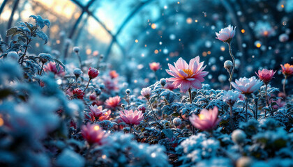 A futuristic garden with bioluminescent plants growing upside-down from the sky, a person meditating at the center, neon and nature fusion