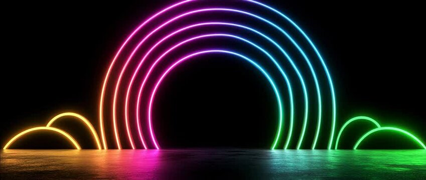 Retro synth wave neon rainbow arc animation background, glowing neon rainbow arc in futuristic neon rainbow arc space, abstract neon rainbow arc loop for design
