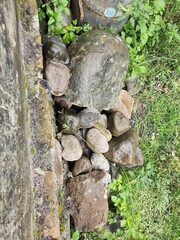 A collection of various sized rocks in a garden bed.