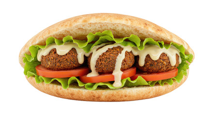Mouth-watering fresh pita sandwich generously filled with crispy falafel, fresh lettuce, juicy tomato, and creamy tahini sauce.