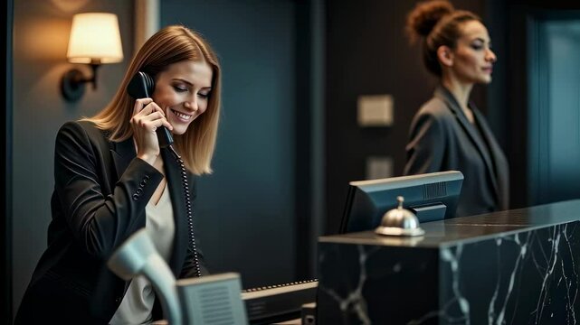 Receptionist Answering Phone at Hotel Desk