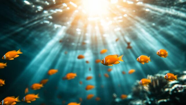 Marine sunbeam motion sunlight underwater fish swimming, vibrant underwater fish group with glowing sunlight, peaceful underwater fish scene in ocean rays