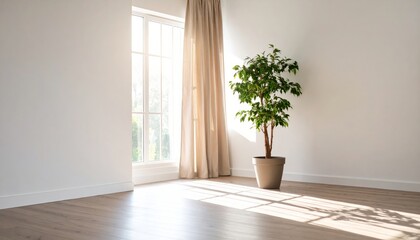 Sunlight streams into a minimalist room with green plants.