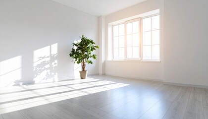 Obraz premium Sunlight streams into a minimalist room with green plants.
