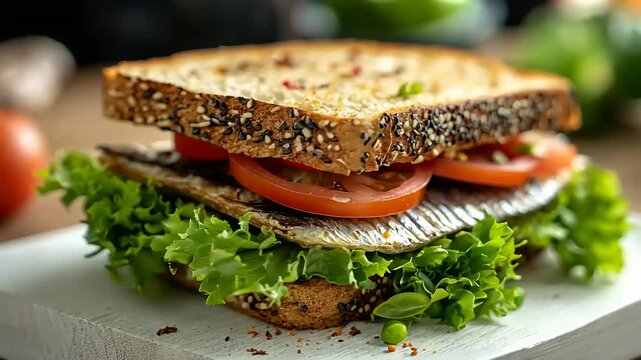 Close-up of a sandwich with grilled fish, lettuce, and tomato on multigrain bread