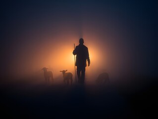 Fototapeta premium A shepherd walks with sheep in a misty sunrise