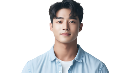 Portrait of a young Korean man, wearing a blue and white striped shirt, with short black hair, no background 