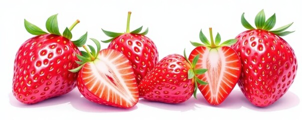 Delicate watercolor strawberries, set, white background , strawberries, ripe