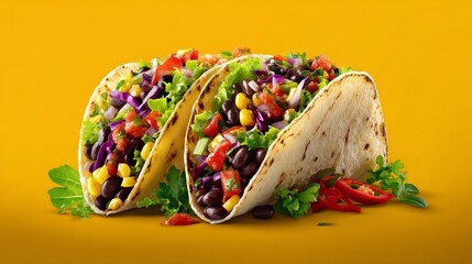 Colorful vegetarian tacos with fresh vegetables and beans in soft tortillas on vibrant yellow background for healthy food and dinner ideas