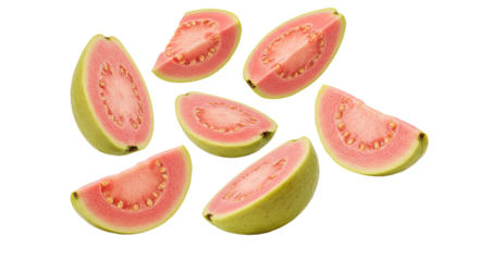 Fresh guava halves captured in mid-air, isolated on a white background. Excellent PNG for tropical fruit concepts and healthy eating promotions.