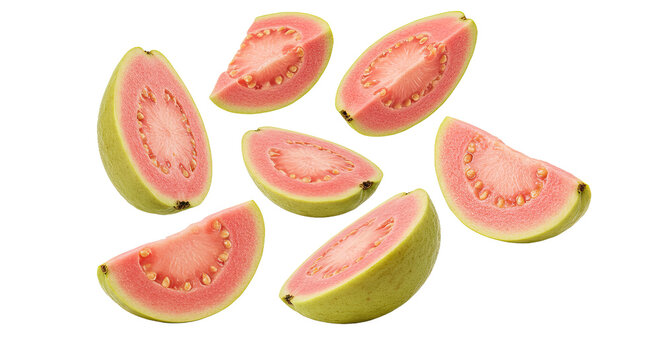 Fresh guava halves captured in mid-air, isolated on a white background. Excellent PNG for tropical fruit concepts and healthy eating promotions.