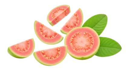 Visually engaging image of guava half slices floating on a white background. A dynamic PNG for promoting tropical flavors and healthy lifestyles.