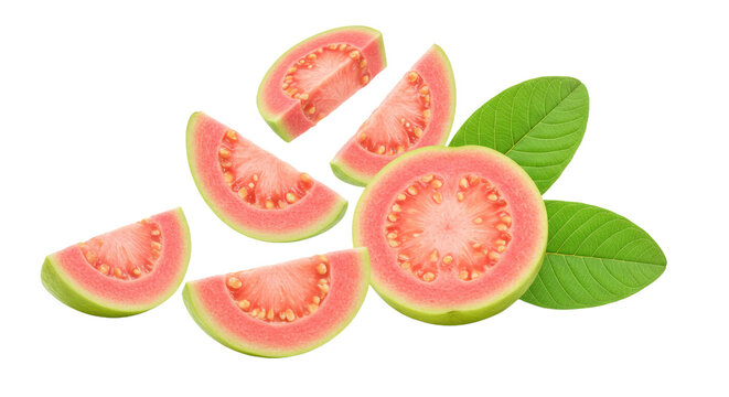Visually engaging image of guava half slices floating on a white background. A dynamic PNG for promoting tropical flavors and healthy lifestyles.