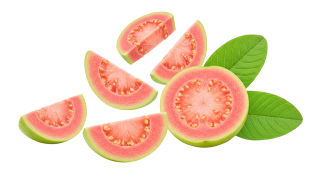 Visually engaging image of guava half slices floating on a white background. A dynamic PNG for promoting tropical flavors and healthy lifestyles.