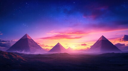 Desert pyramids under starry sky