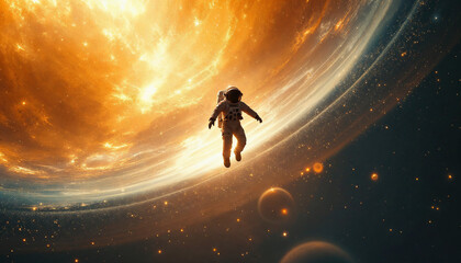 A lone astronaut floating upside-down above a massive glowing planet, stars forming spiral patterns around them, soft surreal light