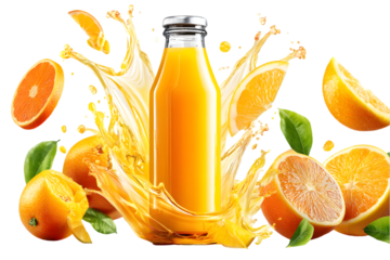 Citrus Burst: A vibrant bottle of fresh orange juice is at the center of this photograph, it’s beautifully showcased, accompanied by slices of oranges, all bursting with juice. 