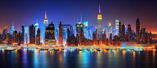 Captivating nightscape of Manhattan skyline reflecting in the tranquil water