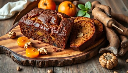 Rustic wooden board holds moist fruitcake, studded with apricots & walnuts, alongside earthy tubers, tuber, fruitcake
