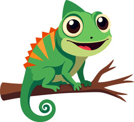Happy Cartoon Chameleon Sitting on Tree Branch – Cute Green Reptile Vector with Big Eyes and Orange Spikes for Kids Designs