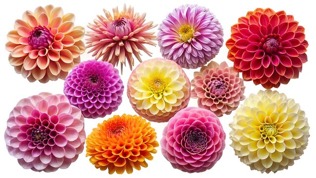 A collection of real colourful dwarf dahlia flower heads isolated against a transparent background for design elements