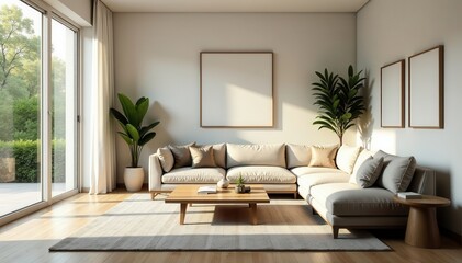 Chic living room, comfy seating area, natural light floods space, minimal, industrial, natural light