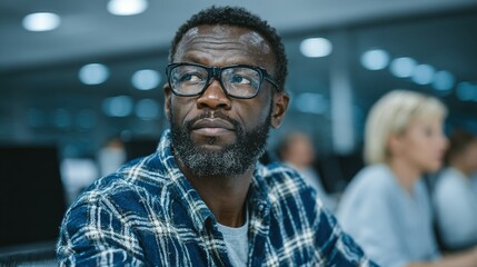 Thoughtful man in plaid shirt looking off to the side.