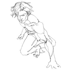 contour drawing for graphic design, pencil sketches of muscular male figures in dynamic action poses, draw from imagination,