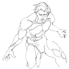 contour drawing for graphic design, pencil sketches of muscular male figures in dynamic action poses, draw from imagination,