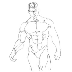 contour drawing for graphic design, pencil sketches of muscular male figures in dynamic action poses, draw from imagination,
