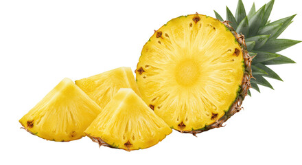 Delicious pineapple slices and pieces, expertly cut and isolated on a transparent background....