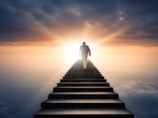 A person ascends a staircase towards the light, symbolizing aspiration and journey