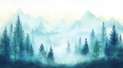 Misty Mountain Watercolor Landscape: Serene Forest Scene