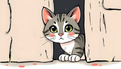 Cute Cat Peeking Around the Corner – Charming Illustration 
