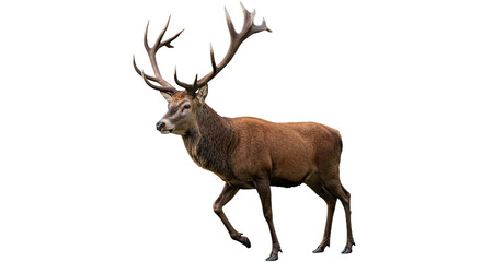 A majestic red deer stag, proudly displaying its impressive antlers, standing isolated on a transparent white background. Ideal for wildlife.