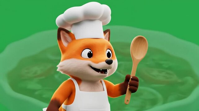 Cartoon fox chef with rolling pin against green background