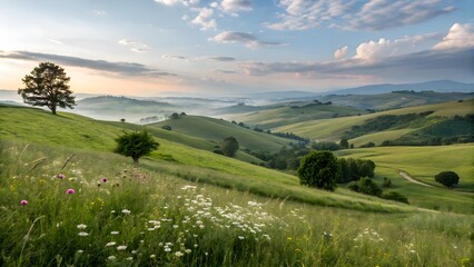 Obraz premium Peaceful countryside scene featuring rolling green hills under a clear blue sky. Ideal for rural life, tranquility, and nature themes.