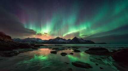 Northern Lights illuminating mountains and reflecting on the water  