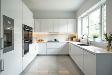 Fototapeta premium Sleek white cabinetry, quartz counters, modern appliances, estate home, white